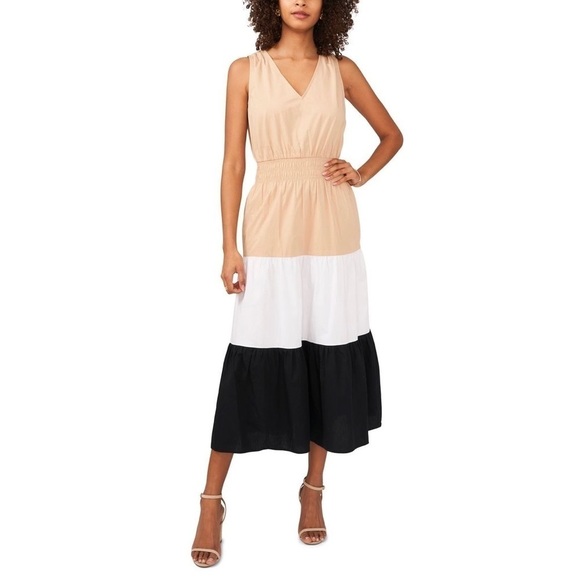 1. State Sleeveless Color BlockTiered Cotton Midi Dress XL Tan Black White - Picture 3 of 9